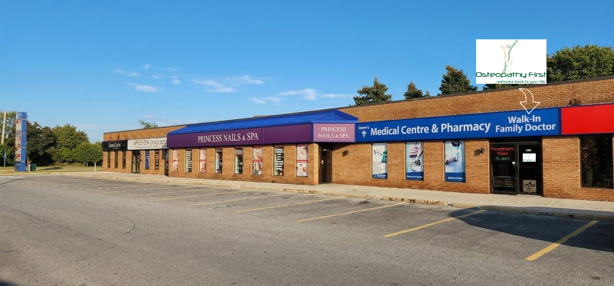 Exterior of Queen's Medical Center Burlington — Osteopathy First clinic at 666 Appleby Line