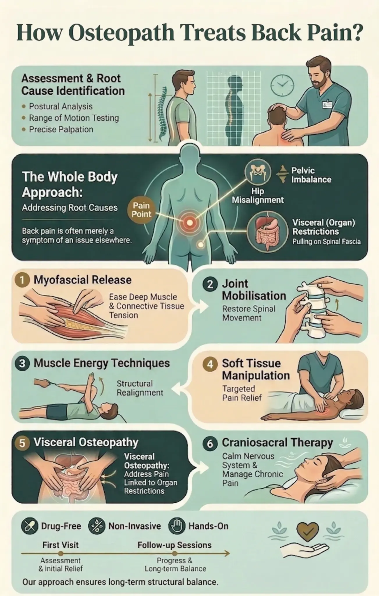 How our Burlington osteopath treats back pain — infographic showing osteopathic techniques at Osteopathy First