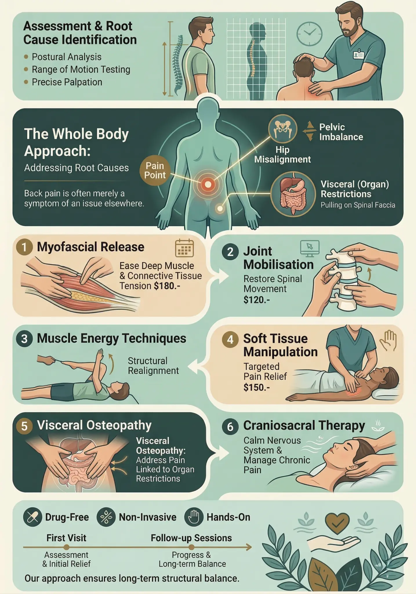 How our Burlington osteopath treats back pain — infographic showing osteopathic techniques at Osteopathy First