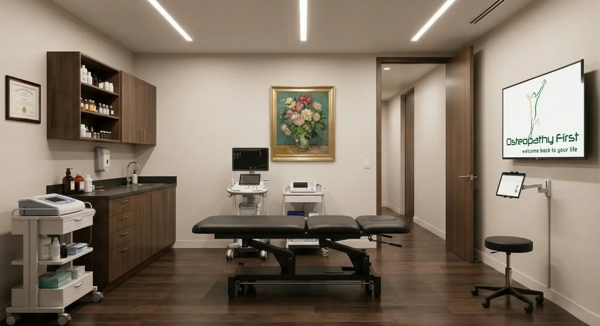 Treatment room at Osteopathy First Burlington clinic for back pain