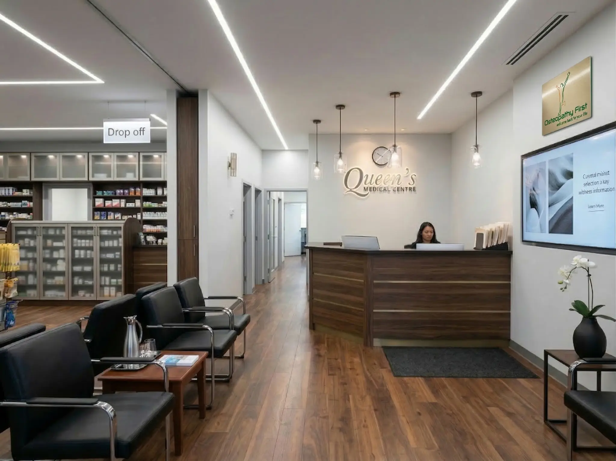 Reception area at Osteopathy First Queen's Medical Center Burlington